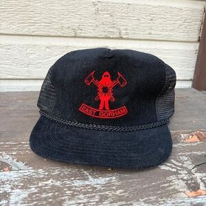 vintage EAST GORHAM corduroy firefighter trucker hat snapback mesh black red